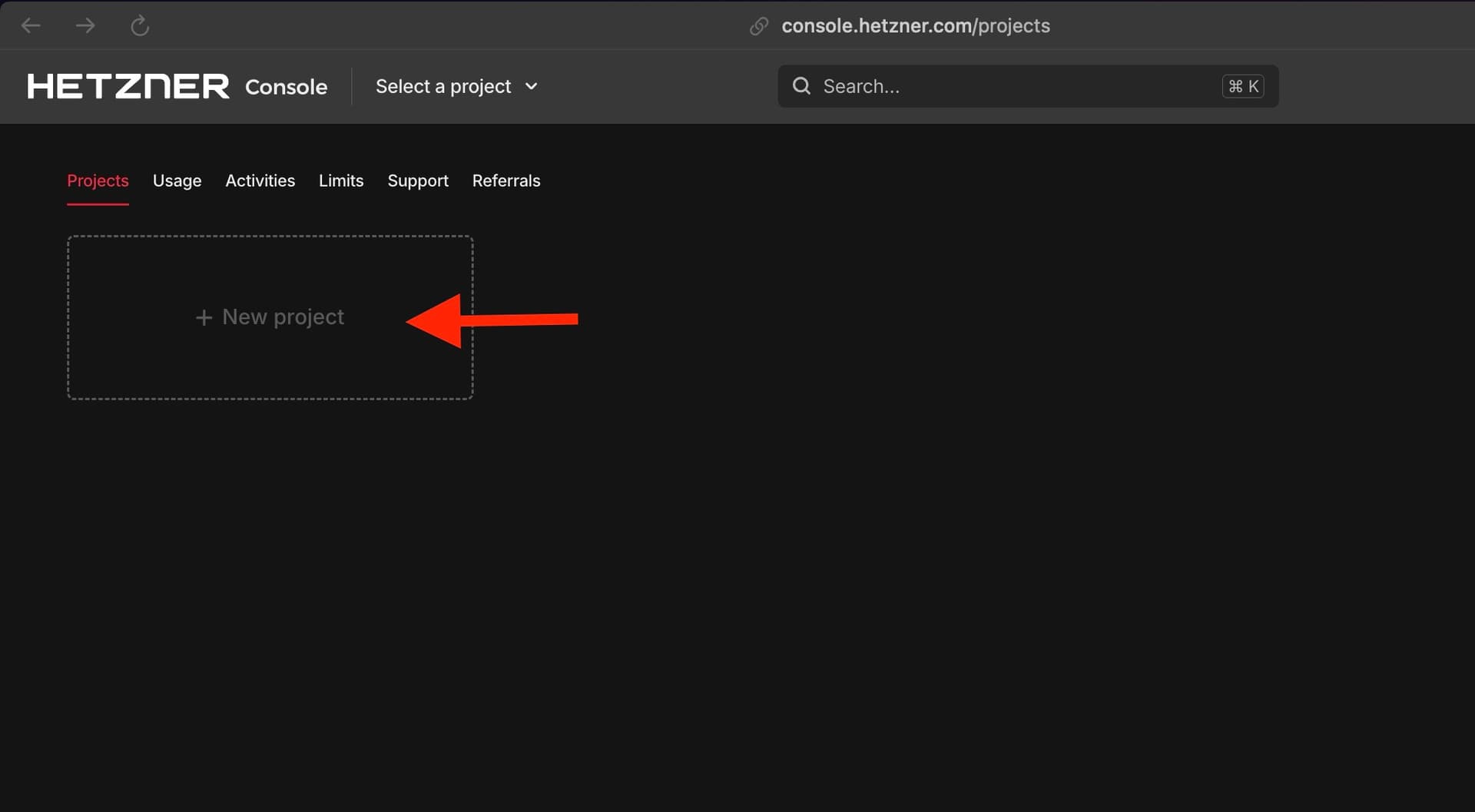 Hetzner Cloud create project form
