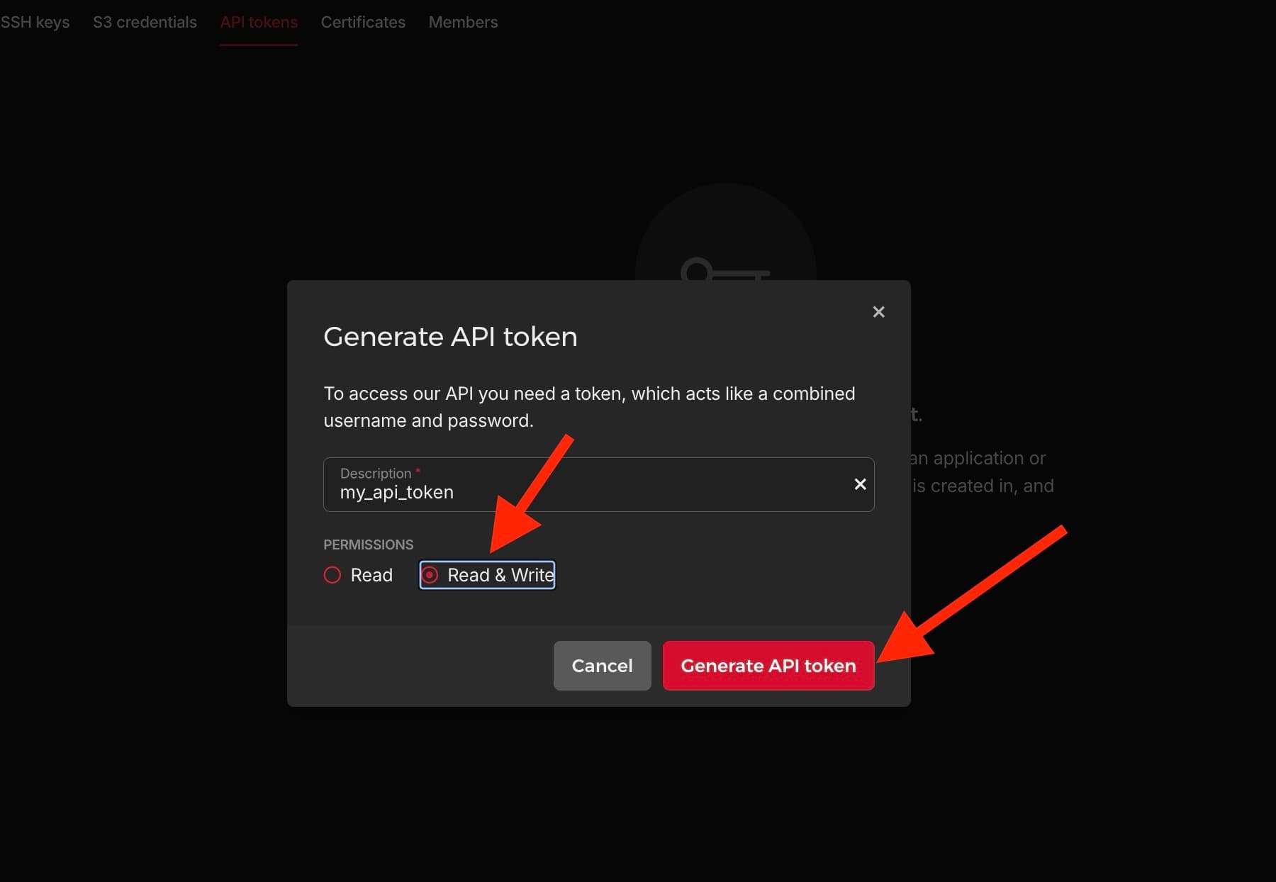 Hetzner Cloud API token generation form