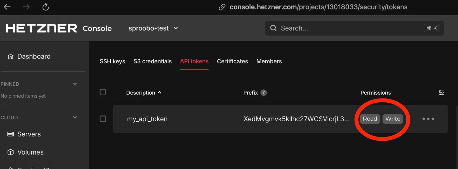 Hetzner Cloud API token list showing permissions