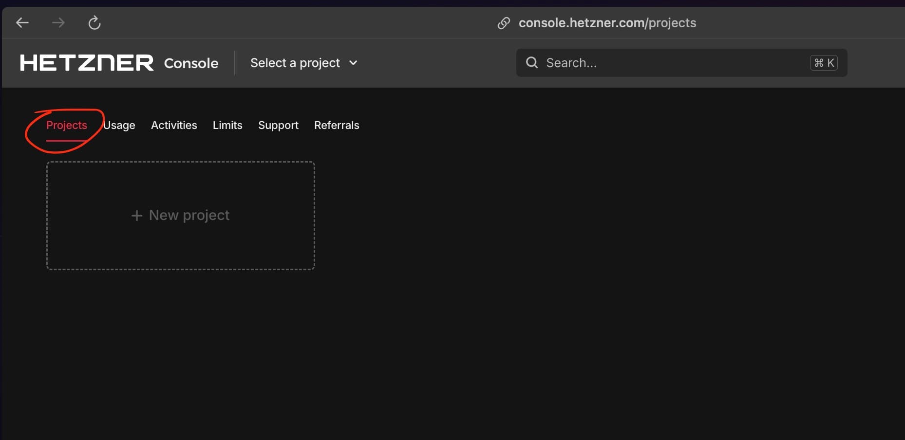 Hetzner Cloud console navigation showing Projects option
