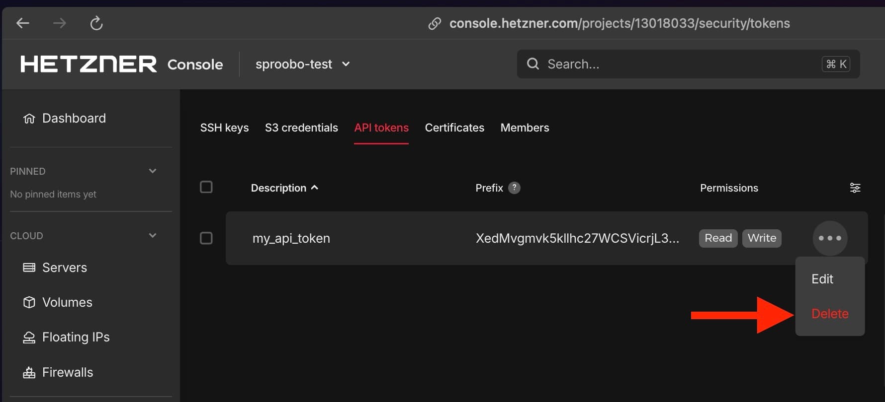 Hetzner Cloud API token list with revoke option