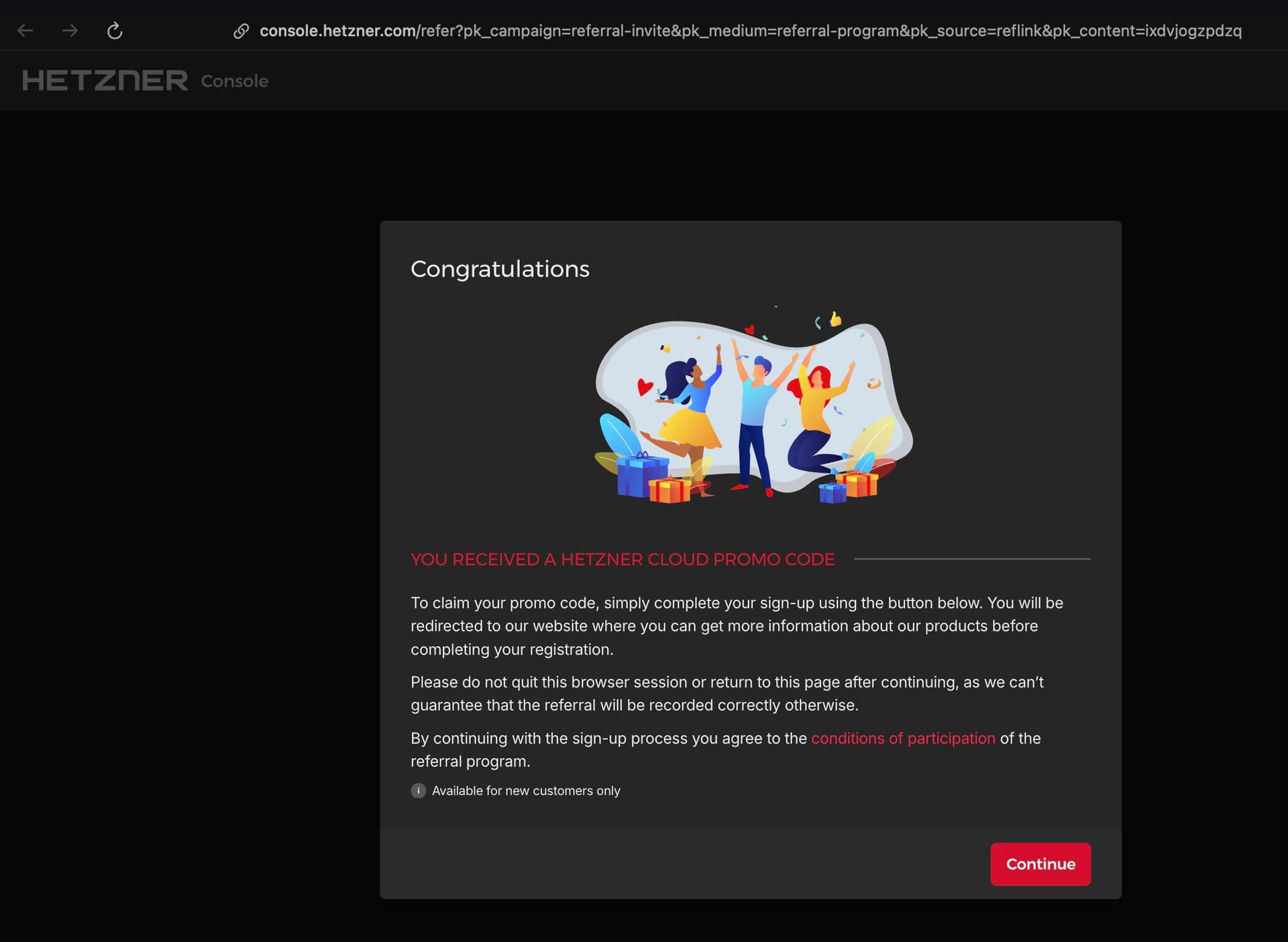 Hetzner Cloud sign-up page with referral link
