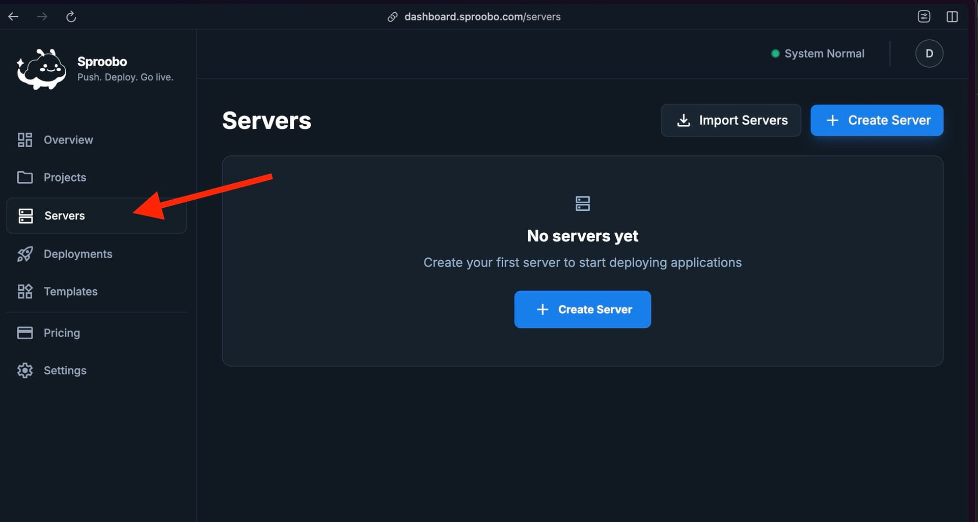 Sproobo servers page navigation