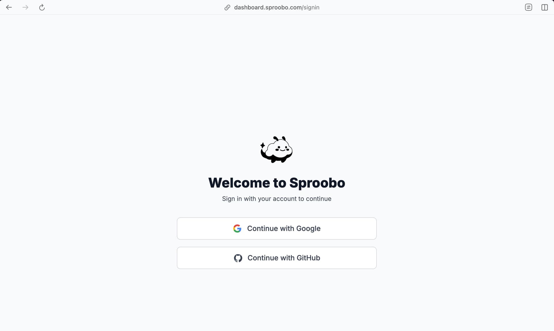 Sproobo sign-up page with authentication options