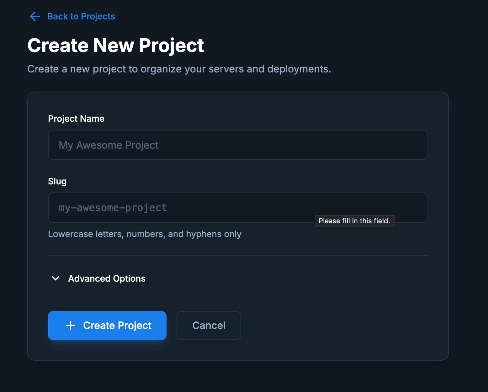 Sproobo Create Project button and form