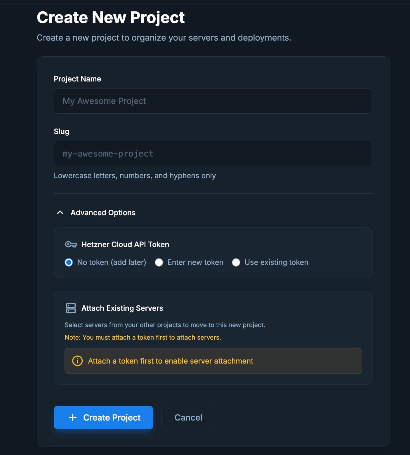 Sproobo project creation form with Advanced Options